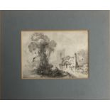 A late 19th/early 20th century ink and colour wash, landscape study with trees, similar to verso,