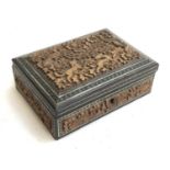An Indian wooden box, carved profusely with hounds and exotic birds, bone inlay, 15.5cmW