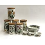 A lot of Portmeirion, comprising four large kitchen jars (21.5cmH), two smaller, a fruit bowl, and