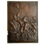 An unusual 19th century likely Belgian bronze plaque depicting a Medieval battle scene in relief