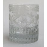 A small 19th century glass tumbler, engraved with the letter 'B', flowers and doves carrying a