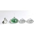 A pair of cut glass prisms, and one other pyramid; together with an art glass paperweight