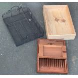 A wooden cigar box, together with a metal cutlery tray, etc