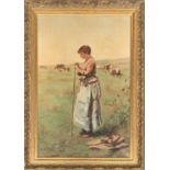 Early 20th century, oil on canvas, girl in a meadow with cows, approx. 65x43cm