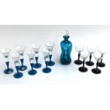 A set of 7 Kastrup Holmegaard, Denmark blue stemmed glasses, 12.5cmH, together with a Illums