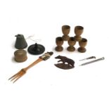 A small lot to include treen eggcups (5), treen pot, Eversharp silver plated pencil, etc