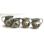 Four 19th century silver lustre jugs, each with hand painted panels, 2 depicting songbirds, the