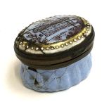 An 18th century Bilston enamel patch box 'A Trifle From Chesterfield' (af), 4cmW