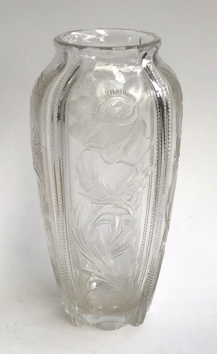 An early 20th century fine quality cut glass vase, hand engraved with flowers, 22.5cmH