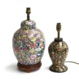 A decorative papier mache table lamp, 30cmH to top of fitting; together with a Chinese ginger jar