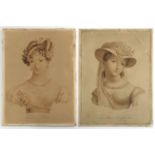 A pair of early 19th century sepia ink portraits, one af, 'Le Jeune Belge' and 'Le Jeune