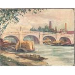 R Lowell, oil on canvas, 20th century study of a London bridge, 36x46cm
