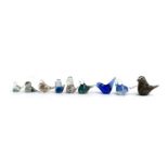 Nine art glass birds, one marked Mdina, the tallest 9.8cmH