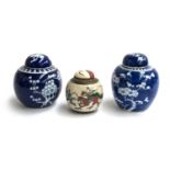 A famille verte ginger jar, marked to base, 11cmH, together with 2 Chinese ginger jars with prunus