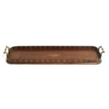 A narrow mahogany and marquetry tray, chequered gallery, with gilt metal handles, 61cmL