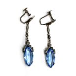 A pair of Art Deco 935 silver, marcasite and blue paste earrings, screw backs, 5cmL