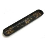 A 19th century japanned papier mache pen holder, inlaid with abalone and heightened in gilt