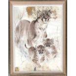 Ralph Thompson MBE (1913–2009), watercolour of lions (af), signed lower right, 75x54.5cm