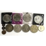 A small quantity of coins to include threepence 1887, 1897, George V crown 1935, commemorative coins