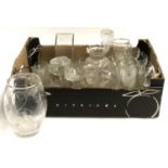 A large box of mixed glassware, to include a heavy glass vase with stylised floral design