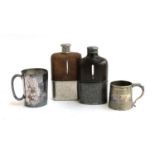 Two leather clad glass hip flasks, each approx. 16cmH; a Victorian approx. 1/4 pint banded mug and