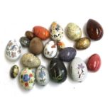 A quantity of 19 decorative eggs to include Chinese cloisonne; mahogany; papier mache etc