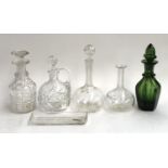 A lot of five glass decanters, one green, the tallest 28cmH