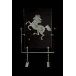 A 1960s Italian cut and etched glass panel by Luigi Parisio, decorated with a rearing horse,