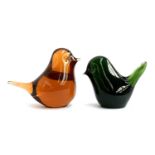 Two Wedgwood glass birds, one orange, 7.2cmH, one green, 6.5cmH