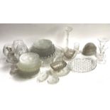 A mixed quantity of various pressed and cut glass to include 2 hand blown wine glasses, platters,