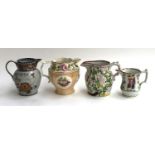 Four 19th century jugs to include Turner's patent, orange lustre jug with hand painted floral