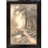 A print of deer in a forest, 55x36cm, in a black and gilt frame