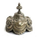 A late Victorian table bell by S W Smith & Co, Birmingham 1900, hexagonal, chased with flowers,