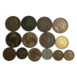 A small quantity of coins to include one penny 1866, Belgian 2 Cent 1870, 10 Centisimi 1866, Diez