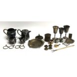 A mixed lot of metal items to include Butterfield coffee pot, Porwel part coffee set, telescopic