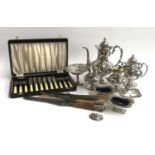A mixed lot of plated items to include four piece tea set, a pair of 'King's pattern' salts with