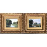 A pair of early 20th century oil on paper studies of streams through landscapes, 15x21cm, in gilt