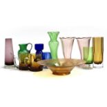 A mixed lot of coloured glass to include a purple Finnish vase, the tallest vase 26cmH