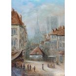 Henry Schafer (1833-1916), continental street scene with cathedral in background, oil on board,