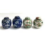 Four Chinese ginger jars, two of blue and white prunus design, and two famille verte, all approx.