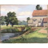 20th century oil on board, a figure by a water mill, signed 'Charles Har...?', 33x40cm