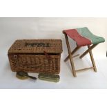 A Fortnum and Mason wicker picnic hamper; together with a folding stool etc