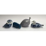 A French turquoise glazed hippo figure, stamped to base; together with a blue and white owl and
