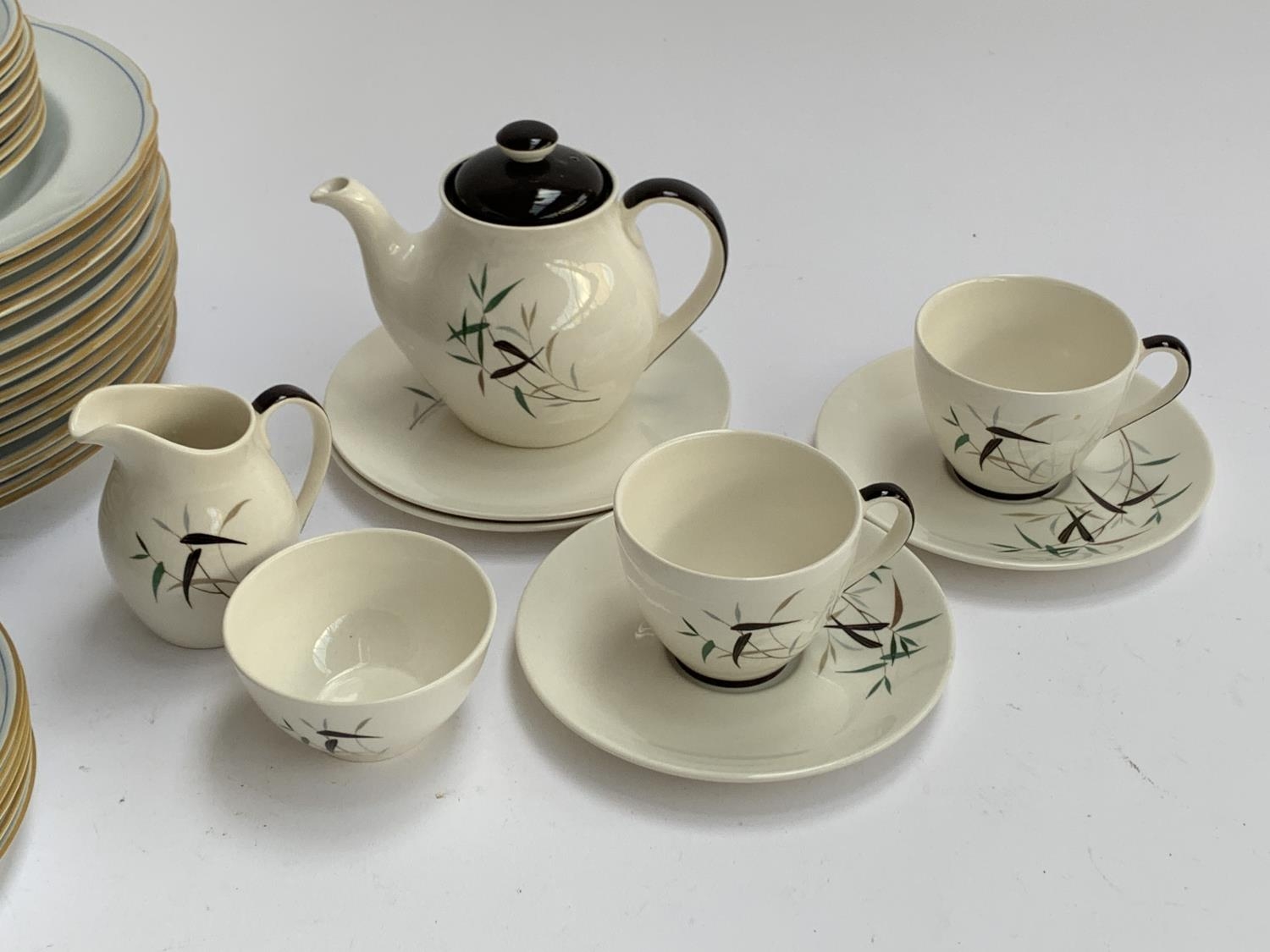 A Royal Doulton 'Bamboo' teaset for two, comprising teapot, milk jug, sugar bowl, side plates (2), - Image 2 of 3