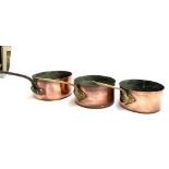 Three copper saucepans, 24cmD, 23cmD and 20.5cmD