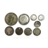 A small quantity of pre 1947 silver coins to include 1 florin 1901, sixpence 1840, 1887, 1888, one