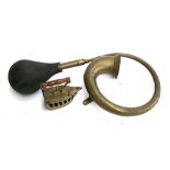 A vintage brass bulb car horn, 44cmL; and a small box iron