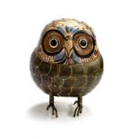 A mid century Tonala Mexico stoneware pottery and brass sculpture of an owl, signed to base Eduardo,