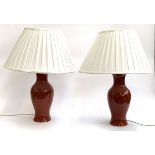 A pair of brick glazed baluster form table lamps with shades, 67cmH to top of shade