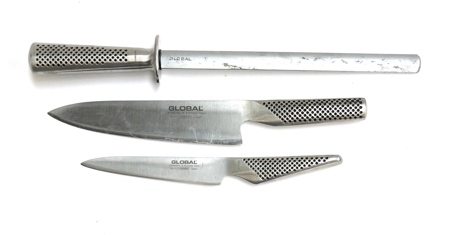 Two Global Chromova 18 stainless steel Yoshikin Japan knives (g-2, GS-110), 32cmL and 27cmL,